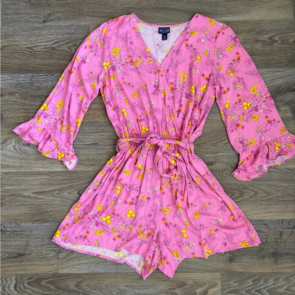 Scoop Pink Floral Wrap Romper Bell Sleeve Coquette Cottagecore S